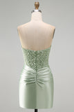 Strapless Dusty Green Satin Beaded Bodycon Homecoming Dress