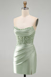Strapless Dusty Green Satin Beaded Bodycon Homecoming Dress