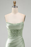 Strapless Dusty Green Satin Beaded Bodycon Homecoming Dress