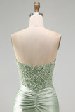 Strapless Dusty Green Satin Beaded Bodycon Homecoming Dress