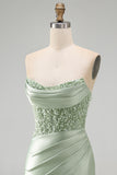Strapless Dusty Green Satin Beaded Bodycon Homecoming Dress