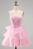 Pink Beaded Sequin Strapless Tiered A Line Homecoming Dress