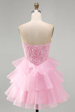 Pink Beaded Sequin Strapless Tiered A Line Homecoming Dress
