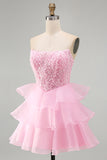 Pink Beaded Sequin Strapless Tiered A Line Homecoming Dress
