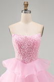 Pink Beaded Sequin Strapless Tiered A Line Homecoming Dress