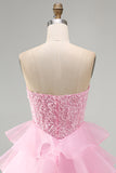 Pink Beaded Sequin Strapless Tiered A Line Homecoming Dress
