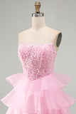 Pink Beaded Sequin Strapless Tiered A Line Homecoming Dress