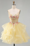 Glitter Yellow Ruffle A Line Beaded Sequin Corset Homecoming Dress