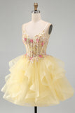 Glitter Yellow Ruffle A Line Beaded Sequin Corset Homecoming Dress