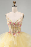 Glitter Yellow Ruffle A Line Beaded Sequin Corset Homecoming Dress