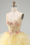 Glitter Yellow Ruffle A Line Beaded Sequin Corset Homecoming Dress