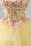 Glitter Yellow Ruffle A Line Beaded Sequin Corset Homecoming Dress