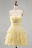 Yellow Sequin Tiered Ruffle A Line Short Homecoming Dress