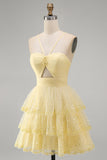 Yellow Sequin Tiered Ruffle A Line Short Homecoming Dress