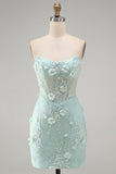 Lace Strapless Mint Bodycon Corset Homecoming Dress with 3D Flowers