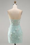 Lace Strapless Mint Bodycon Corset Homecoming Dress with 3D Flowers