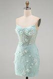 Lace Strapless Mint Bodycon Corset Homecoming Dress with 3D Flowers