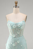 Lace Strapless Mint Bodycon Corset Homecoming Dress with 3D Flowers