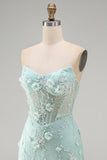 Lace Strapless Mint Bodycon Corset Homecoming Dress with 3D Flowers