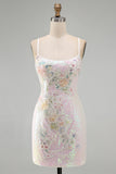 Sparkly Pink Beaded Floral Homecoming Dress with Lace-up Back