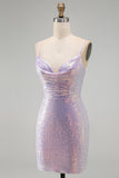 Lilac Bodycon Spaghetti Straps Sequin Homecoming Dress