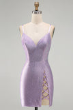 Beaded Lilac Backless Bodycon Short Homecoming Dress with Slit