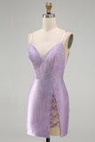 Beaded Lilac Backless Bodycon Short Homecoming Dress with Slit