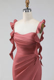 Terracotta Mermaid Ruffled Straps Satin Long Bridesmaid Dress with Slit