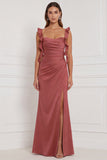Terracotta Mermaid Ruffled Straps Satin Long Bridesmaid Dress with Slit