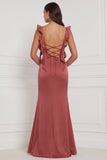 Terracotta Mermaid Ruffled Straps Satin Long Bridesmaid Dress with Slit