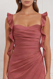 Terracotta Mermaid Ruffled Straps Satin Long Bridesmaid Dress with Slit