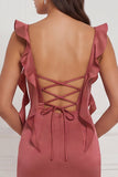 Terracotta Mermaid Ruffled Straps Satin Long Bridesmaid Dress with Slit