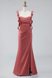 Terracotta Mermaid Ruffled Straps Satin Long Bridesmaid Dress with Slit