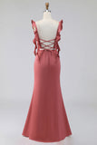 Terracotta Mermaid Ruffled Straps Satin Long Bridesmaid Dress with Slit