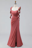 Terracotta Mermaid Ruffled Straps Satin Long Bridesmaid Dress with Slit