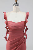 Terracotta Mermaid Ruffled Straps Satin Long Bridesmaid Dress with Slit