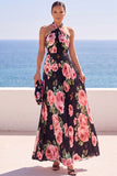 Halter Black Floral Printed Pleated A Line Maxi Wedding Guest Dress
