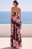Halter Black Floral Printed Pleated A Line Maxi Wedding Guest Dress