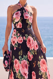 Halter Black Floral Printed Pleated A Line Maxi Wedding Guest Dress