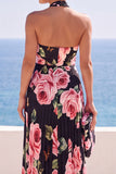 Halter Black Floral Printed Pleated A Line Maxi Wedding Guest Dress