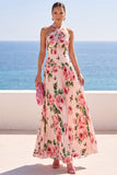 Halter Black Floral Printed Pleated A Line Maxi Wedding Guest Dress