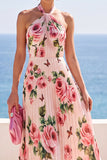Halter Black Floral Printed Pleated A Line Maxi Wedding Guest Dress