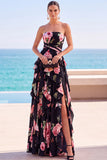 Strapless Black Floral Ruffled A Line Maxi Wedding Guest Dress with Slit