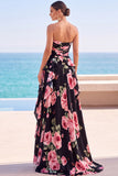 Strapless Black Floral Ruffled A Line Maxi Wedding Guest Dress with Slit