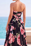 Strapless Black Floral Ruffled A Line Maxi Wedding Guest Dress with Slit