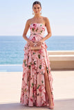 Strapless Black Floral Ruffled A Line Maxi Wedding Guest Dress with Slit