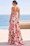 Strapless Black Floral Ruffled A Line Maxi Wedding Guest Dress with Slit