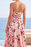 Strapless Black Floral Ruffled A Line Maxi Wedding Guest Dress with Slit