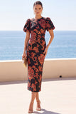 Black Floral Sheath Midi Wedding Guest Dress with Puff Sleeves