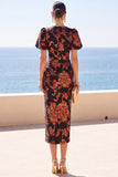 Black Floral Sheath Midi Wedding Guest Dress with Puff Sleeves